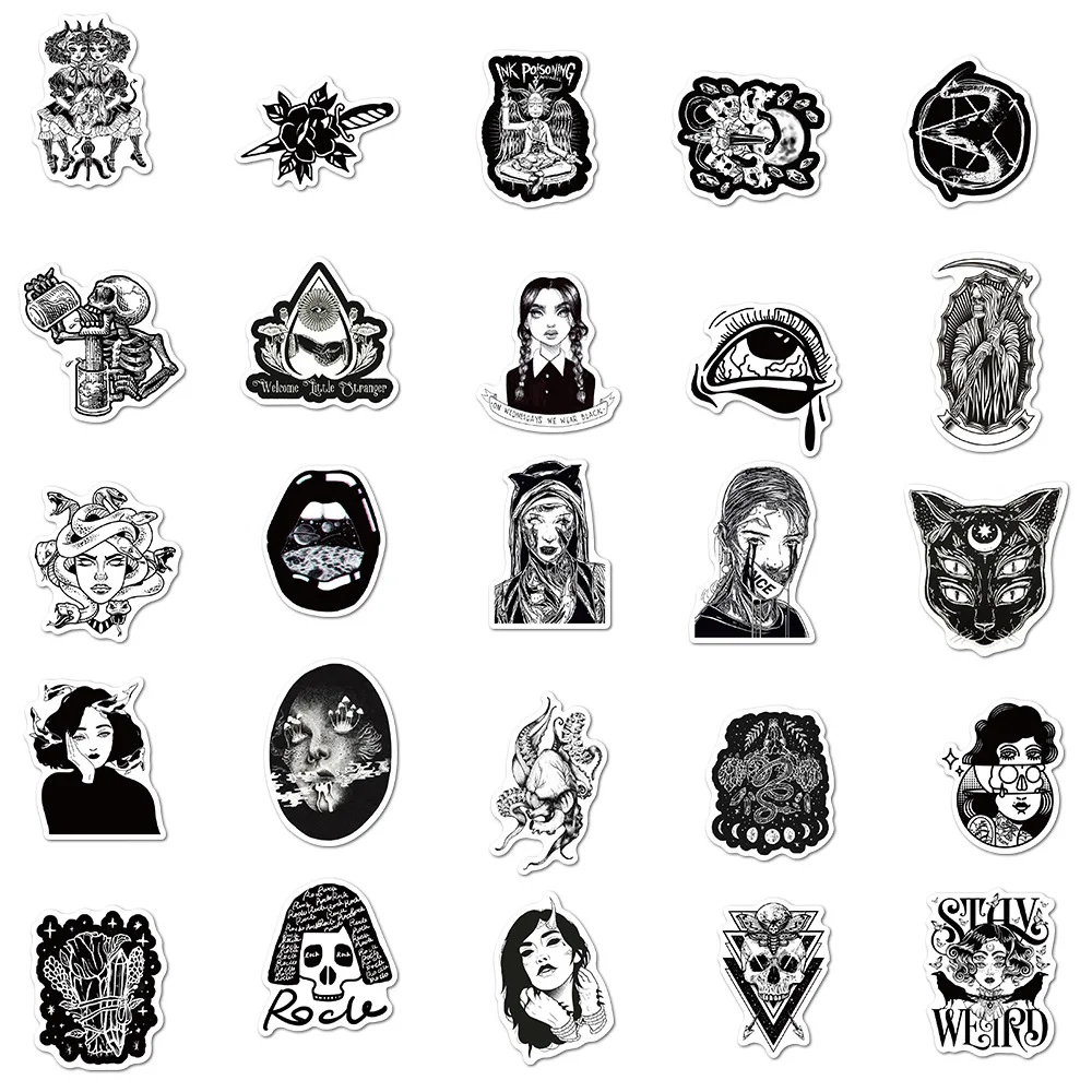 100Pcs Gothic Stickers for Water Bottle,Black White Skull Stickers,Waterproof Vinyl Stickers Perfect for Laptop Phone Car