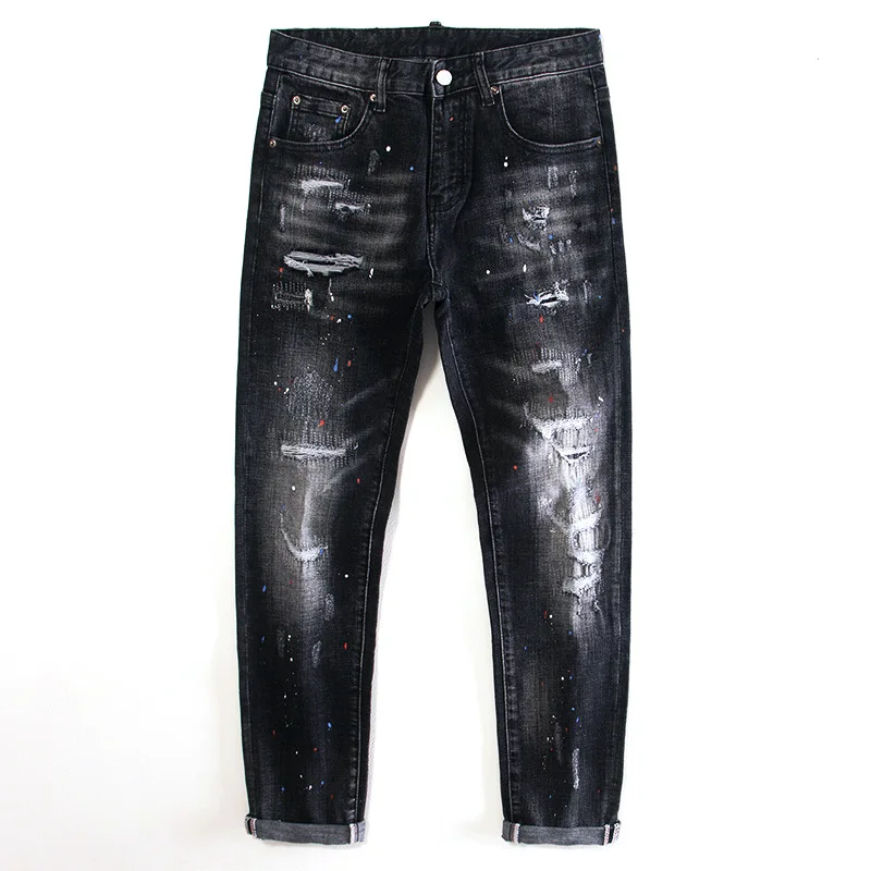 

Ripped Patch Paint Design Black Jeans for Men Slim Fit Stretchy Personality Trendy Street Motorcycle Denim Pants