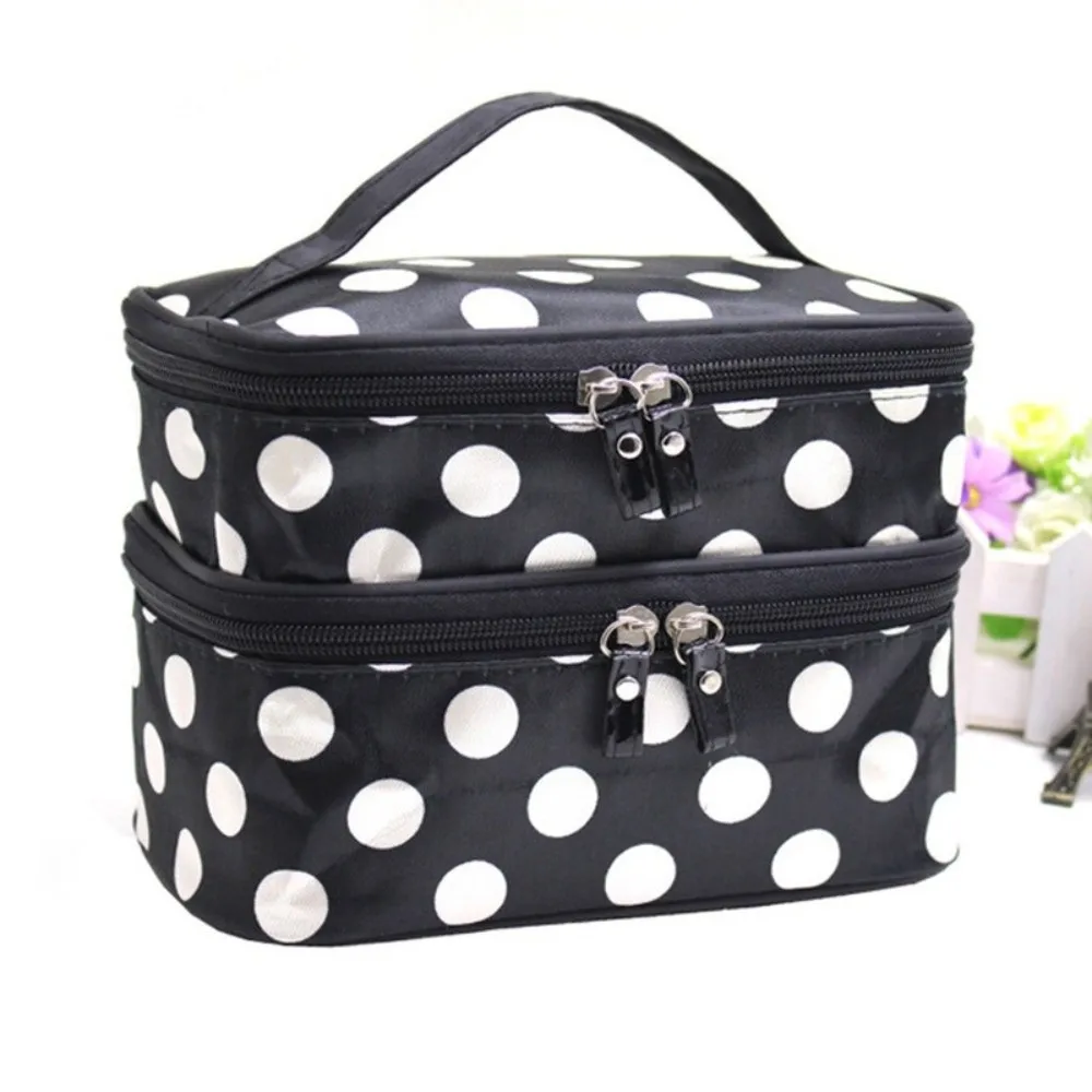 New Double-layer Makeup Bag Large Capacity Portable Travel Makeup Case Polka Dots Travel Toiletries Organizer