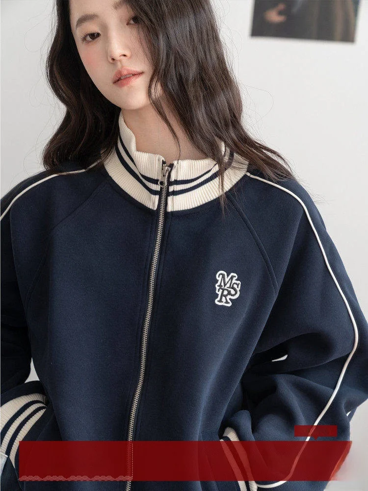 

Loose Fit Thiened Blue Baseball Jaet Women's 2025 Autumn Winter New Sle Korean Lazy Sle ort Top by MoZao