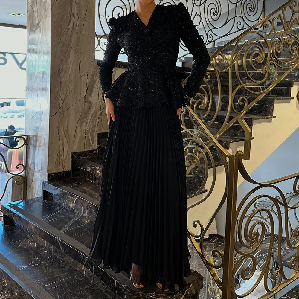 

Customized A-line Evening Dresses Floor-length V-neck Full Sleeve Prom Gown Fashion Lace Sequined Simple Draped Party Gown