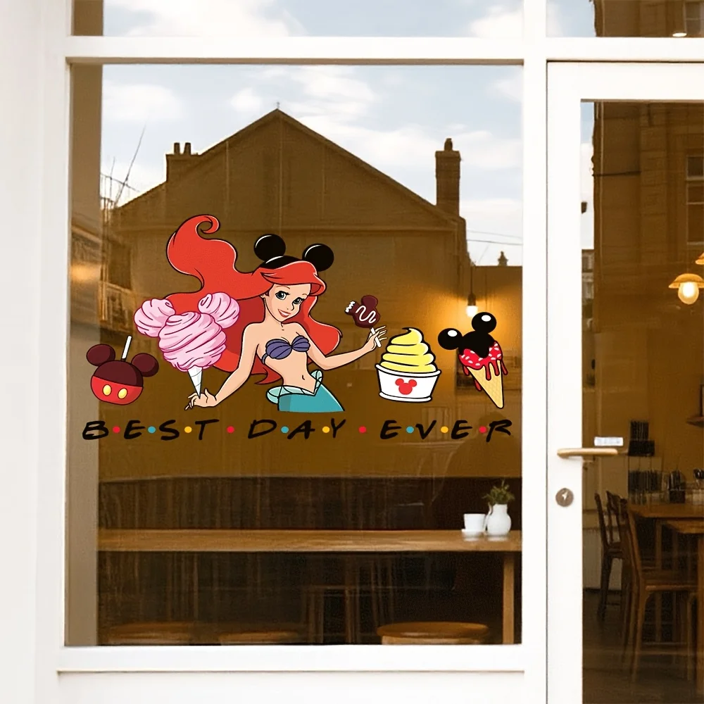 1 ملصق نافذة ديزني بيوتي آند ذا بيست آرييل، يتميز بوجبات خفيفة ونص ميكي ماوس - مناسب للزجاج والجدران والثلاجات والمرايا وديكور الغرفة