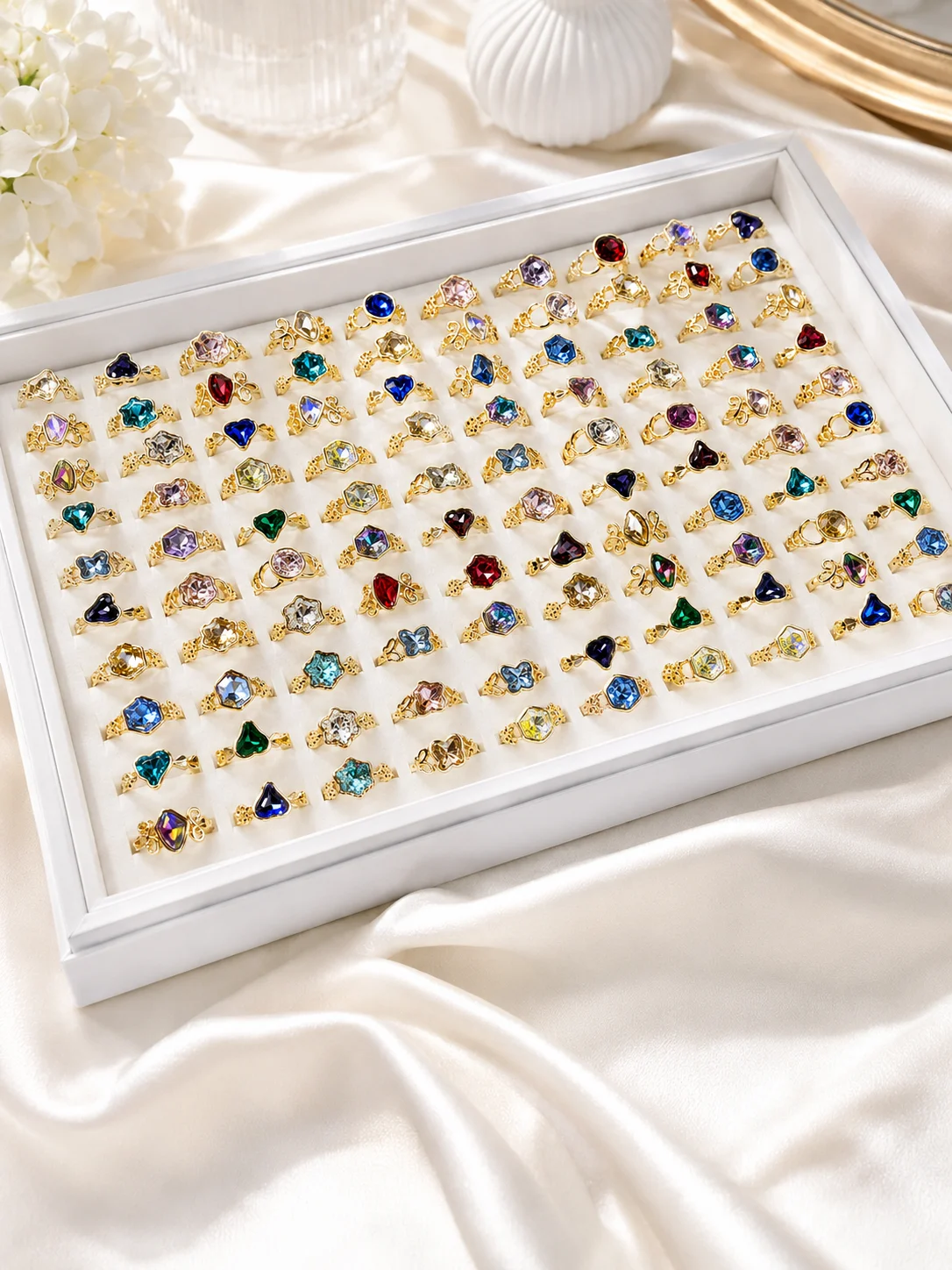 50Pcs Gold Plated Pearl Crown Ring Set for Women Vintage Crystal Tiara Stackable Rings Wedding Party Jewelry Gift Wholesale