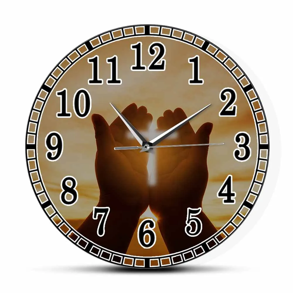 

Praying Open Hands Cross Modern Design Wall Clock Jesus Christ God Faith Blessed Artwork Church Home Decor Silent Wall Watch