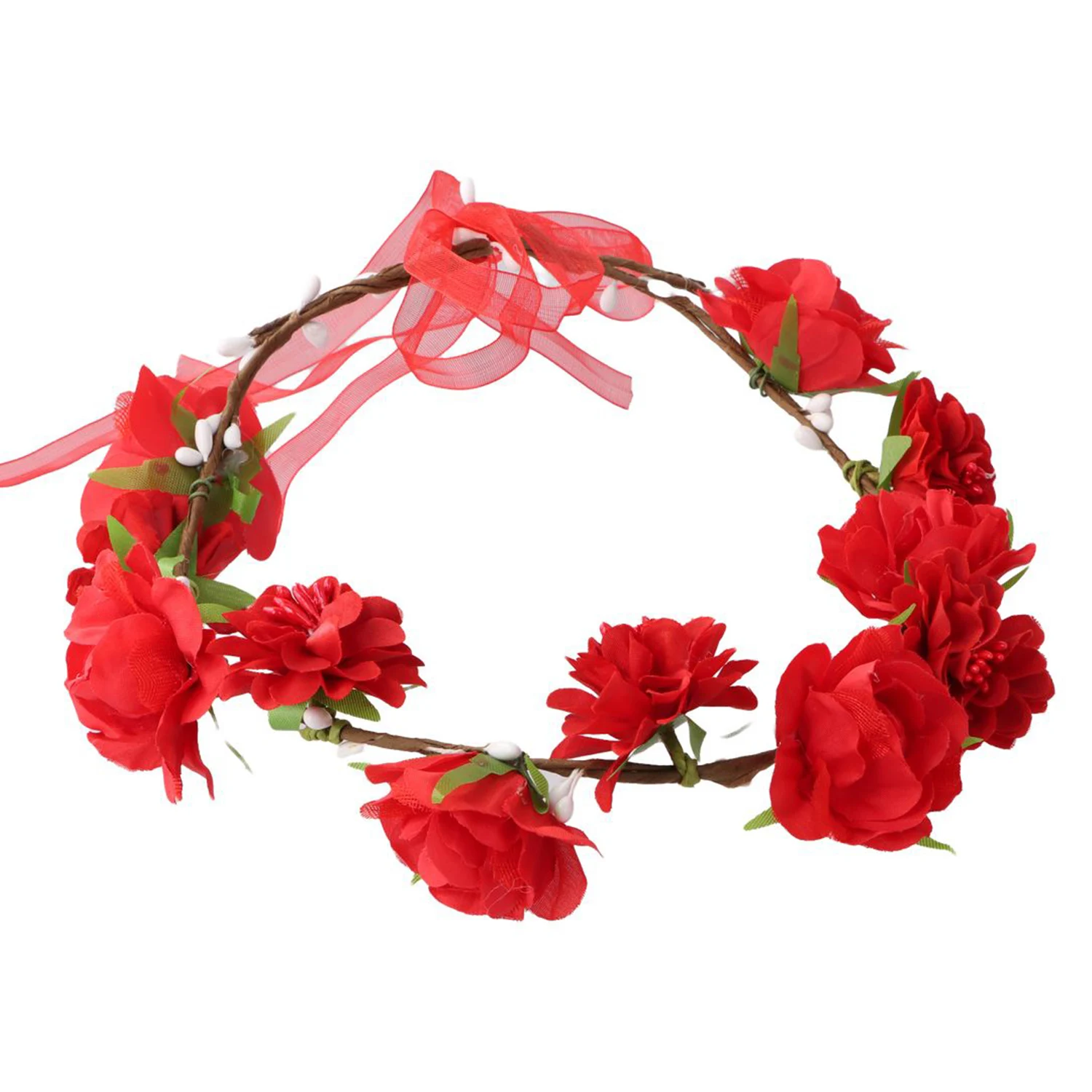1pc Women Floral Wreath Red Rose Flower Crown Girls Bohemia Garland Headpiece with Adjustable Ribbon Bridal Wedding Accessories