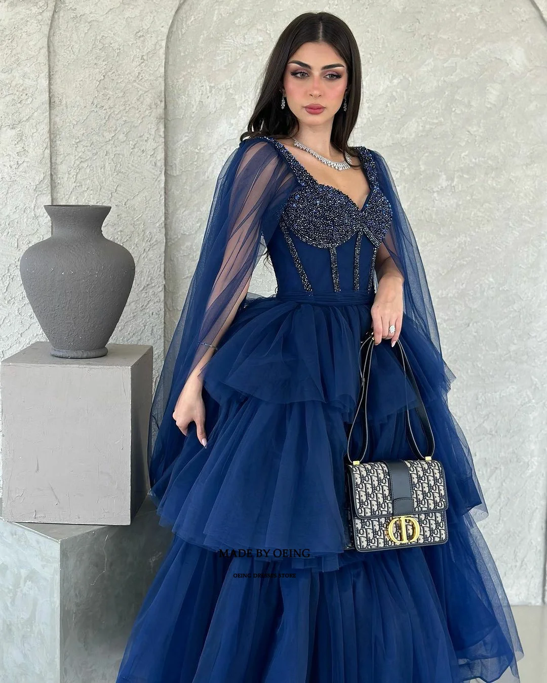 OEING-Royal Blue A-Line Prom Dresses, elegante vestido de tule com xale, vestido para ocasiões especiais