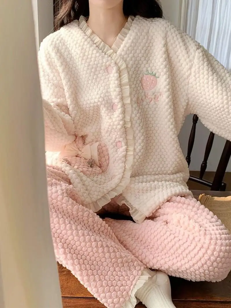 Pijamas de mujer, ropa de dormir, nuevo conjunto de traje para casa de encaje dulce para invierno, pijama de algodón, ropa de casa, otoño, fresa, Navidad, Grinch