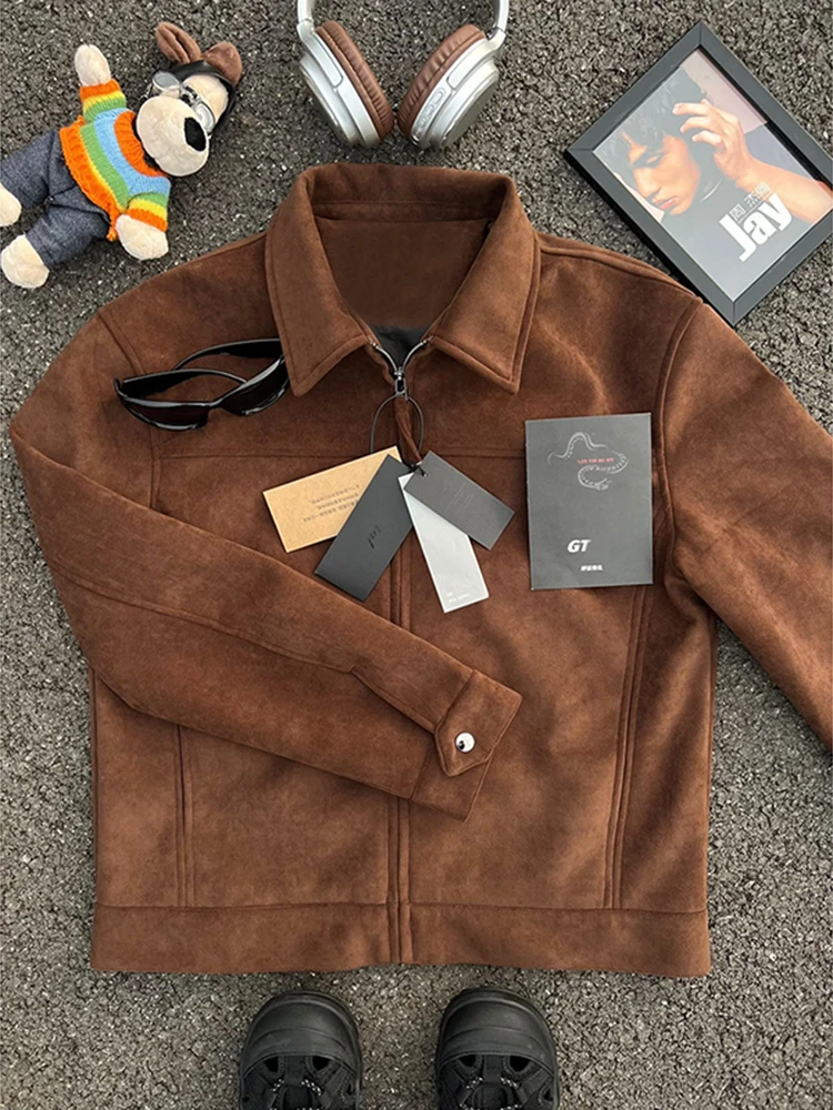 

Cé Brown Men's ort Suede Harrington Jaet Autumn American Retro High-End Workwear Coat Loose Fit Splice Ironing Treaent