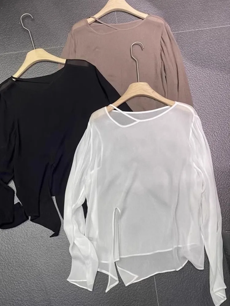 Top di protezione solare in seta di ghiaccio Casual lungo Sve rotondo Ne Design asimmetrico Faionable Anti-Uv irt Maglieria da donna