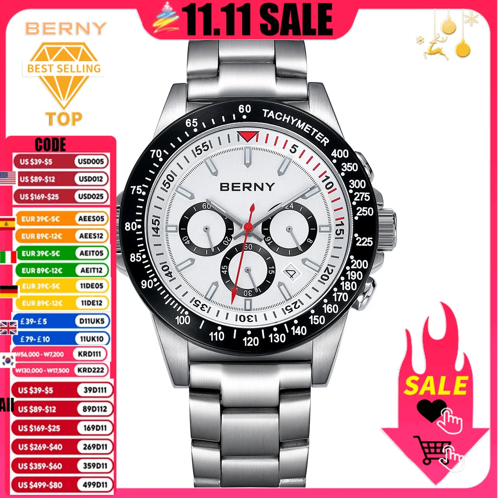 BERNY Chronograph Men Watch MIYOTA OS20 Multi-function Automatic Multi-time zone Sapphire Luminous 10ATM Sport Watch for Men