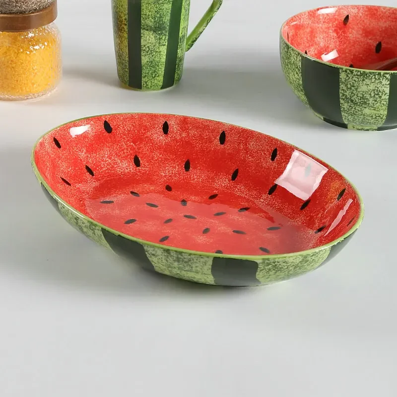 Oval Fish Plate Creative Hand-painted Watermelon Ceramic Tableware Underglaze Fruit and Vegetable Plate Kitchen Restaurant Tray