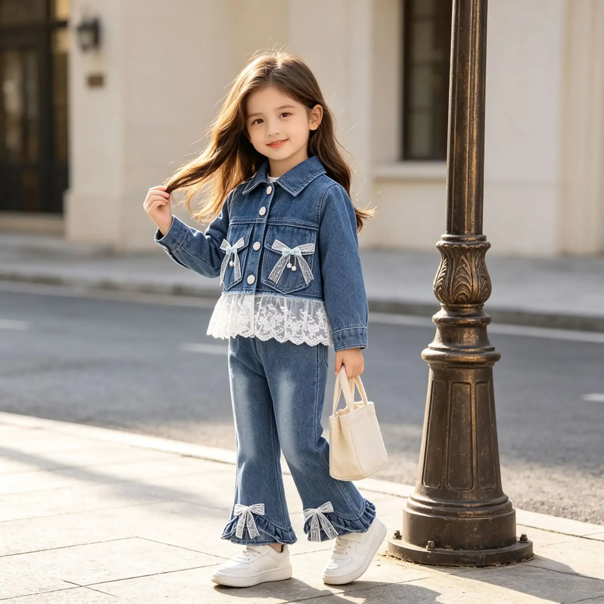 Girls 2 Piece Denim Outfit Autumn Kids Bow Denim Jacket Flare Pants Set Toddler Korean Style Lace Hem Coat Bell Bottom Jeans