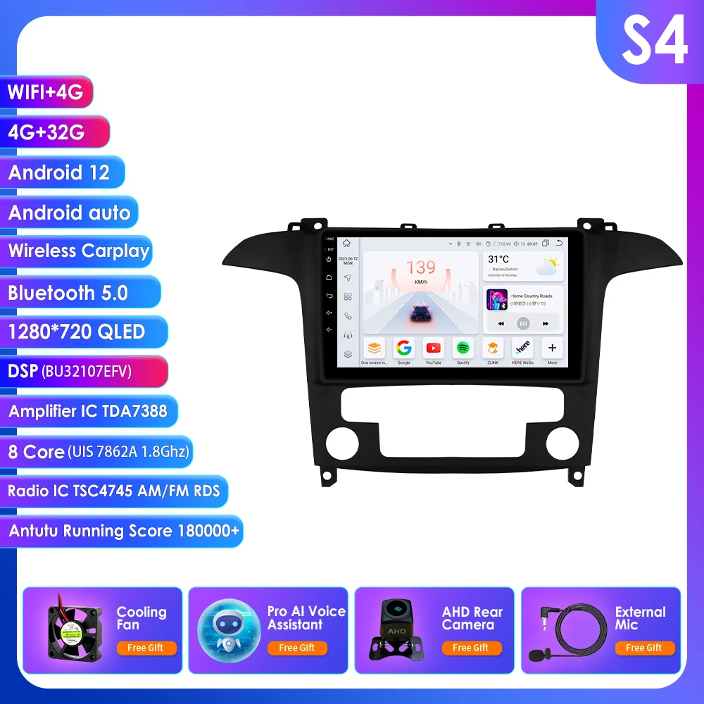 9 inch Android Auto autoradio voor Ford S-MAX 2007-2015, Carplay multimediaspeler, GPS, intelligente systemen, 360 graden camera, RDS