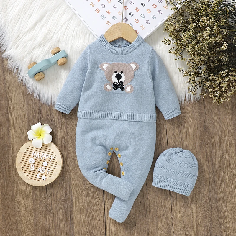 

Spring Baby Rompers Clothes 0-18m Autumn Winter O Neck Long Sleeve Knit Newborn Babies Boys Sweaters Jumpsuits Hats Kids Costume