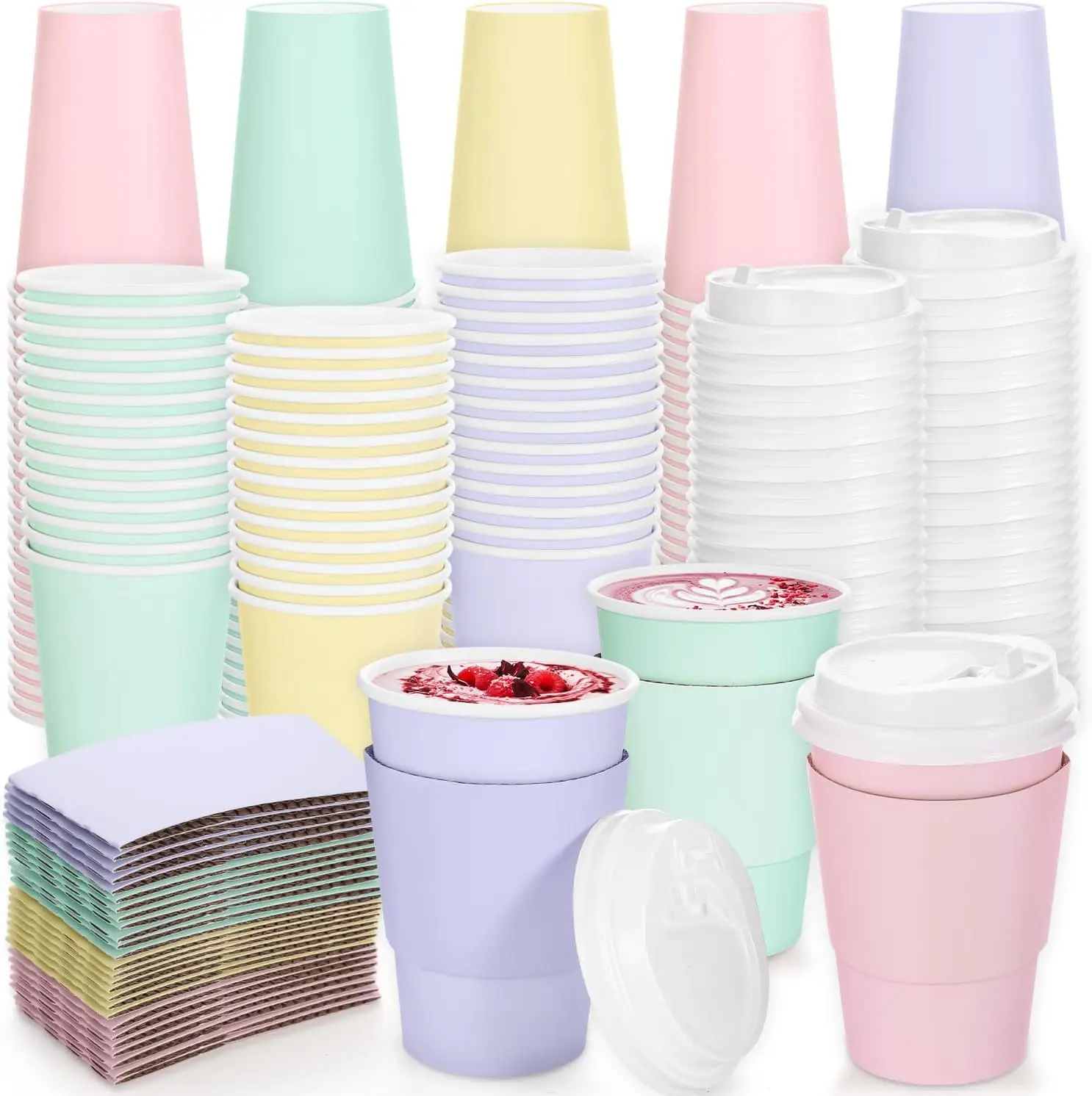 

60 Pcs Disposable Pastel Rainbow Paper Cups 12 Oz with Lids Bulk Multicolor Party Set Including Straw Sleeve for Hot Col