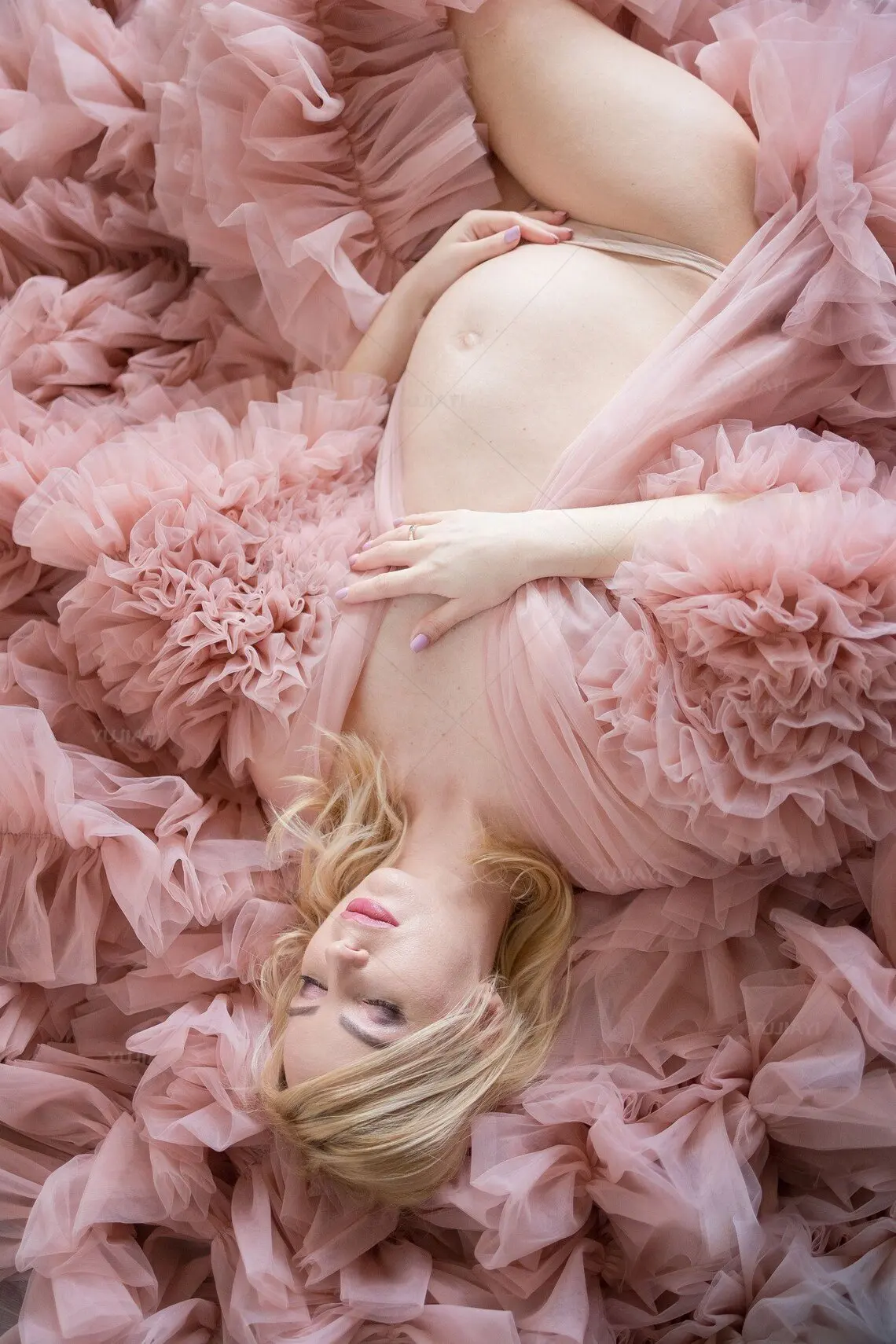 Blush Maternity Tulle Robe for Photoshoot Extra Ruffles Pregnant Dress Tiered Split Sweep Train Pregnancy Baby Shower Gowns