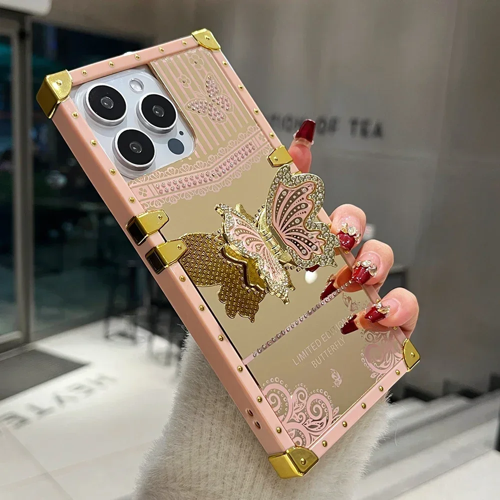 Handyhülle für iPhone 16 15 14 Plus 13 12 11 Pro Max Niedlicher Spiegel Luxus Bling Glitzer Schmetterling Faltbare Ständer Halterung Abdeckung