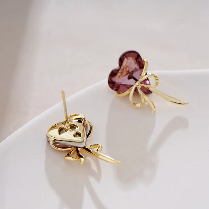 New Fashion Trend Unique Design Elegant Exquisite Purple Crystal Heart Butterfly Stud Earrings Women Jewelry Party Premium Gift