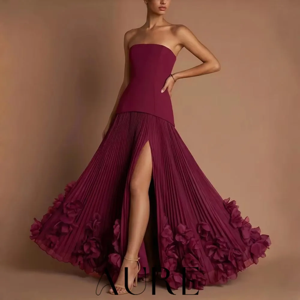 Aure Customized Burgundy Strapless Corset Bridesmaid Maxi Dress Stretch Pleated Skirt High Side Slit 3D Floral A Line Dress 2027