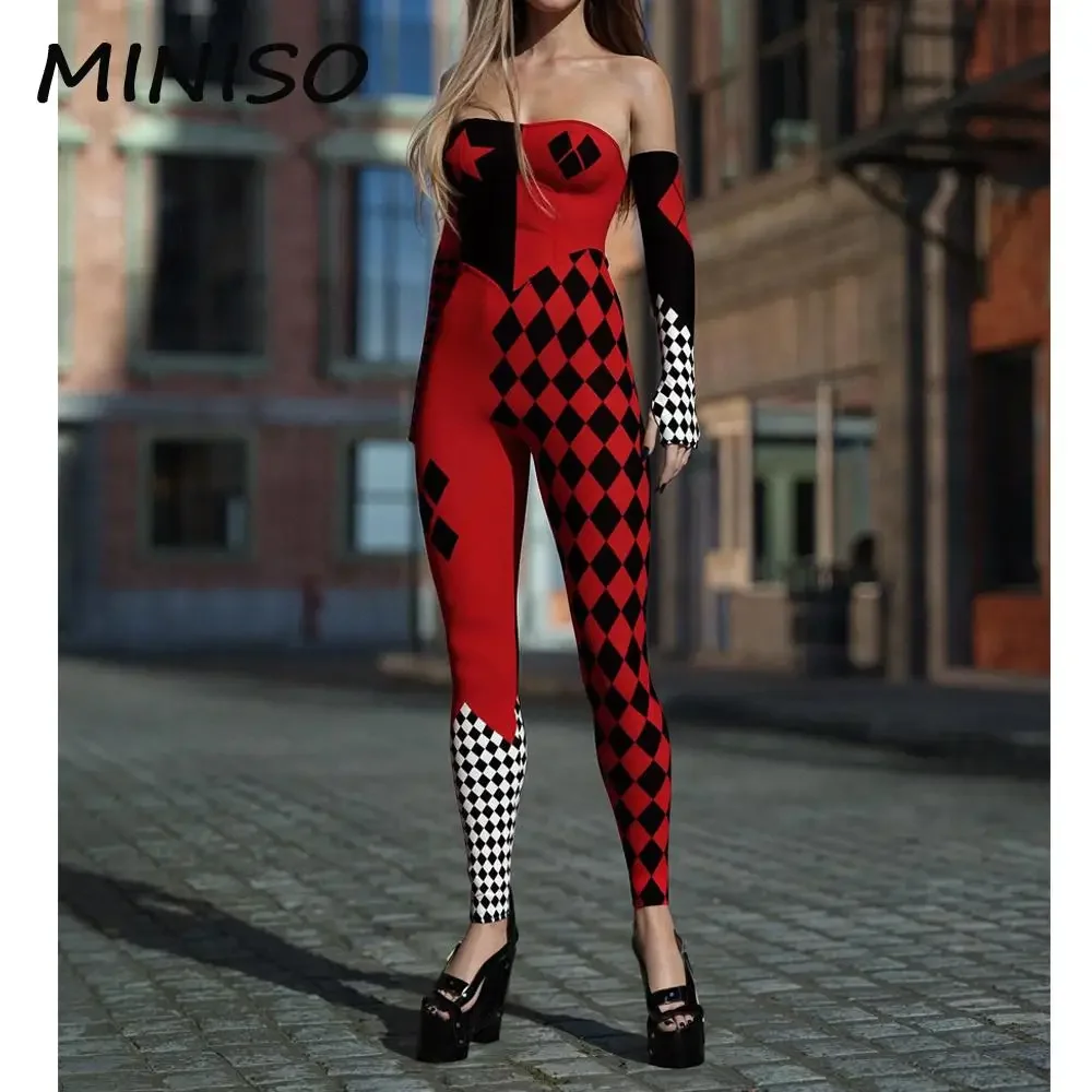 

Sexy Women Clown Romper Cosplay Costume 3D Print Joker Clothes Carnival Strapless Jumpsuits Halloween Costume