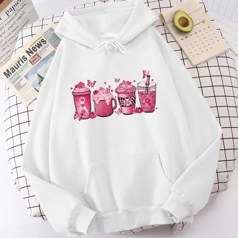 Sudadera de manga larga con capucha para mujer, suéter de color café para la concienciación sobre el cáncer de mama, ropa de calle Harajuku