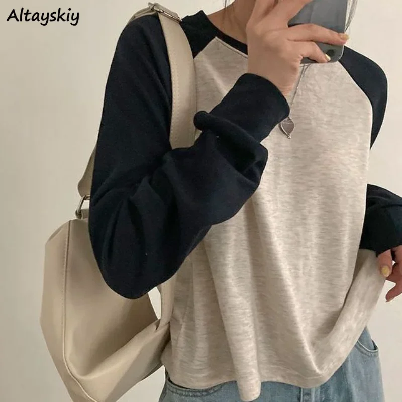 S-3XL t-shirty damskie wiosenny, patchworkowy topy z długim rękawem słodki luźny koreański styl wypoczynek na wszystkie mecze studenci Футболка Женский Chic