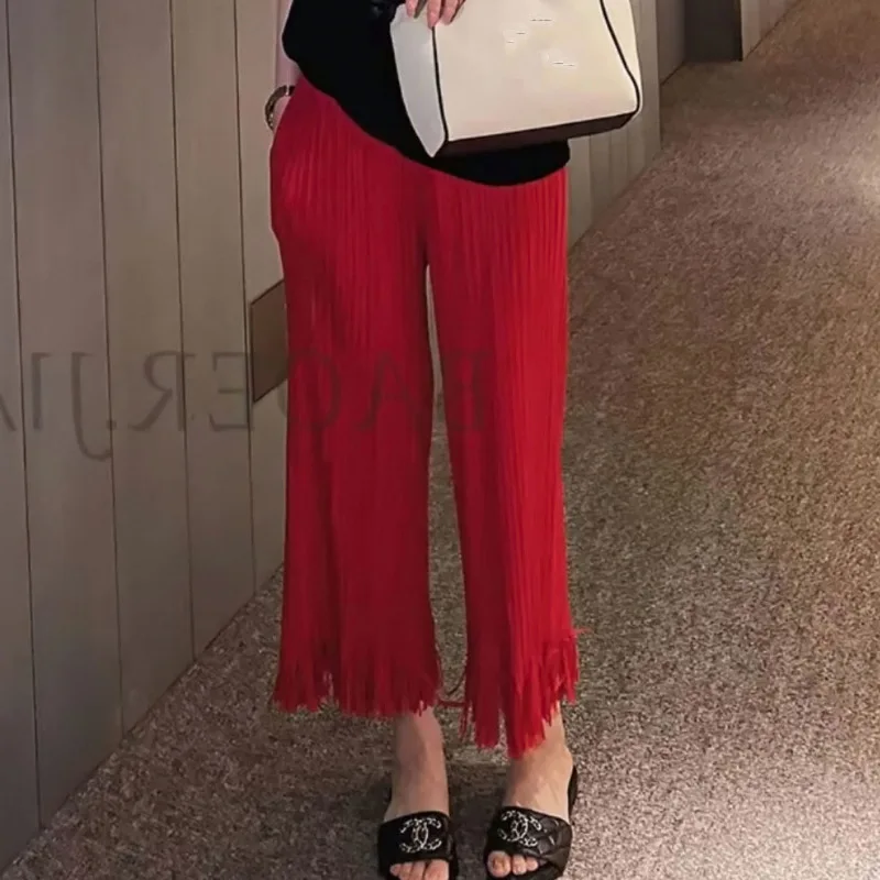 Miyake Pleated Loose Straight Leg Pants, Fashionable Tassel Lace Flared Pants, Summer Comfortable and Casual Cropped Pants