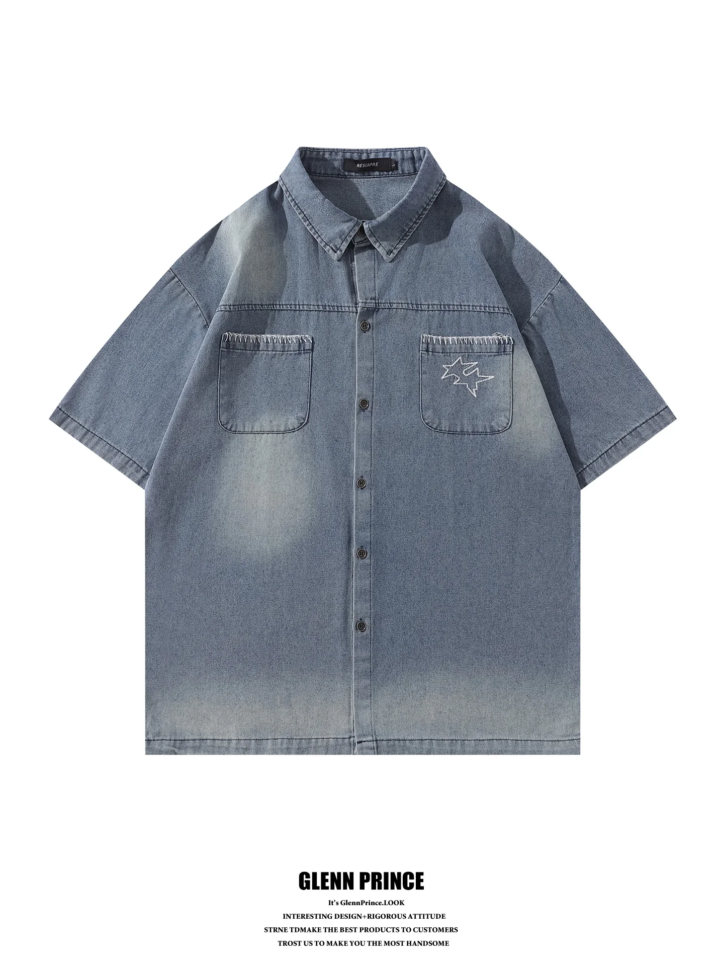 

GPstudio American Retro Star Embroidery Washed Denim Short Sleeve Men's Shirt Couple Design Casual Loose Fit Summer Cotton