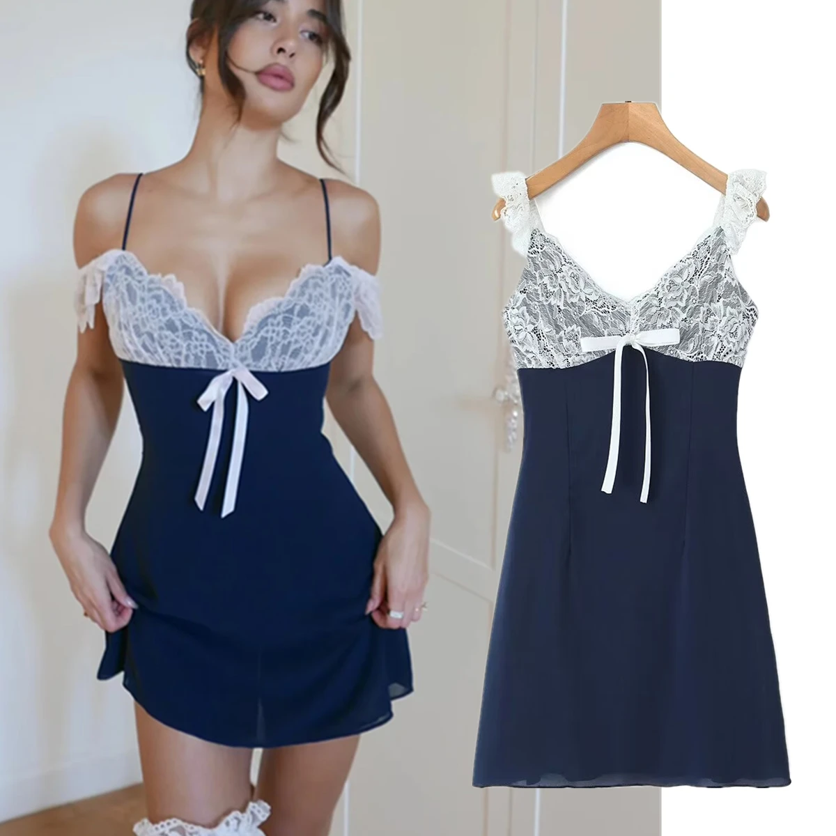 

Dave&Di French Retro Lace Patchwork Sexy Mini Dress Women Summer Dress Women Vestidos Fashion Ladies Strap Dress
