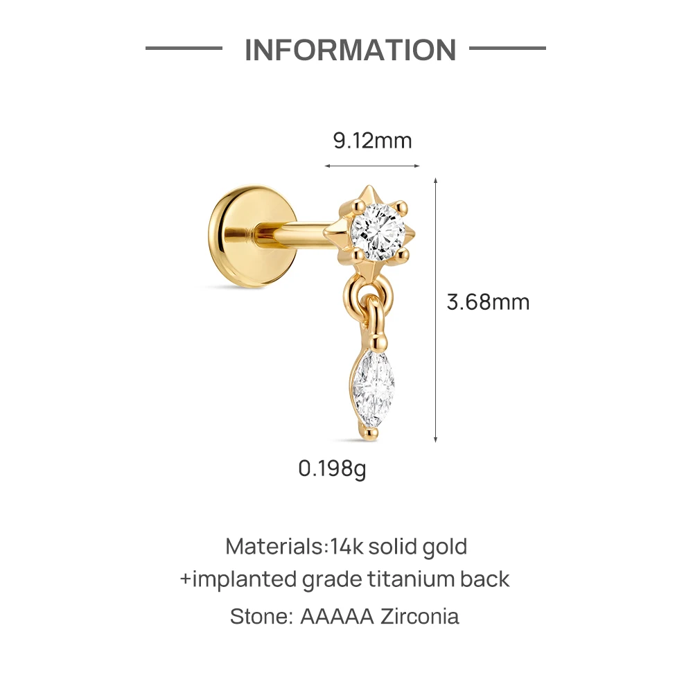 AIDE Mini-Piercing-Ohrringe aus 14-karätigem massivem Gold, glänzend, Herz-/rund-/sternförmig, für Damen, in verschiedenen Größen, klassischer Hochzeits- und Brautschmuck, luxuriöser Schmuck – Detail 27