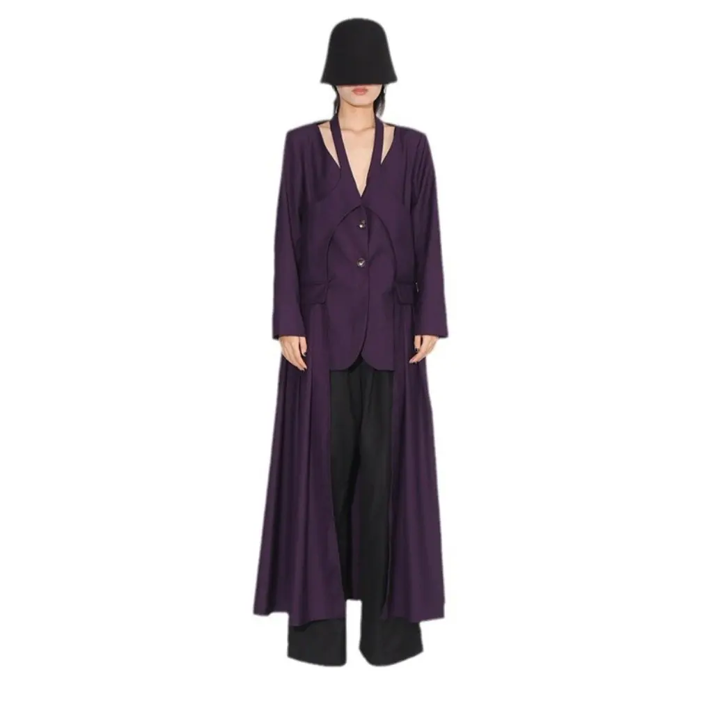 

Women's Slim Fit Pleated Asymmetrical Hem Long Suit Jacket Autumn Winter New Style Niche Design Fashionable Outerwear