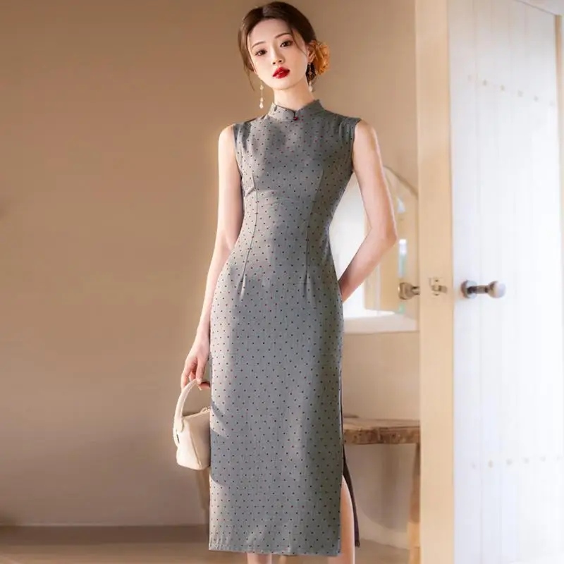 

Вечернее платье для молодых девушек в стиле ретро с принтом в горошек, приталенное, длинное, из дышащей полиэстеровой ткани, с низким разрезом, для повседневной носки