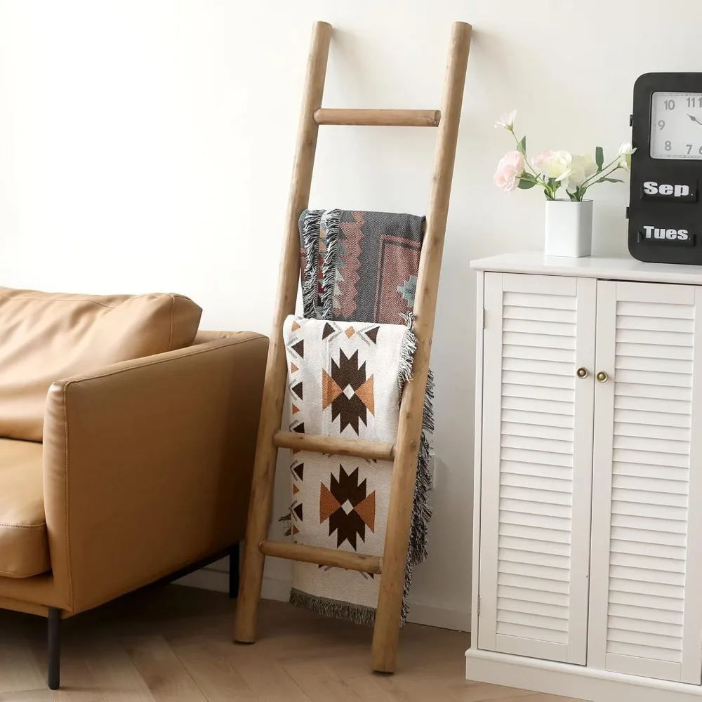 Escalera de manta de madera para sala de estar estilo granja, exhibición decorativa de colcha de pared y toallero rústico