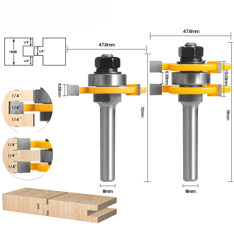 Allsome 2PCS 47MM 3 Teeth 3 Blade T-shaped 1/4 Handle Cutter Router Bit Woodworking Milling Cutter For Wood Face Mill