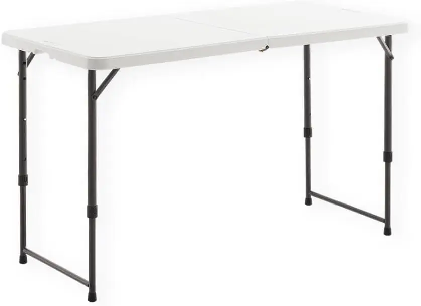 4 Foot Height Adjustable Fold-in-Half Table with Carrying Handle Easy Folding & Storage Indoor Outdoor Use White