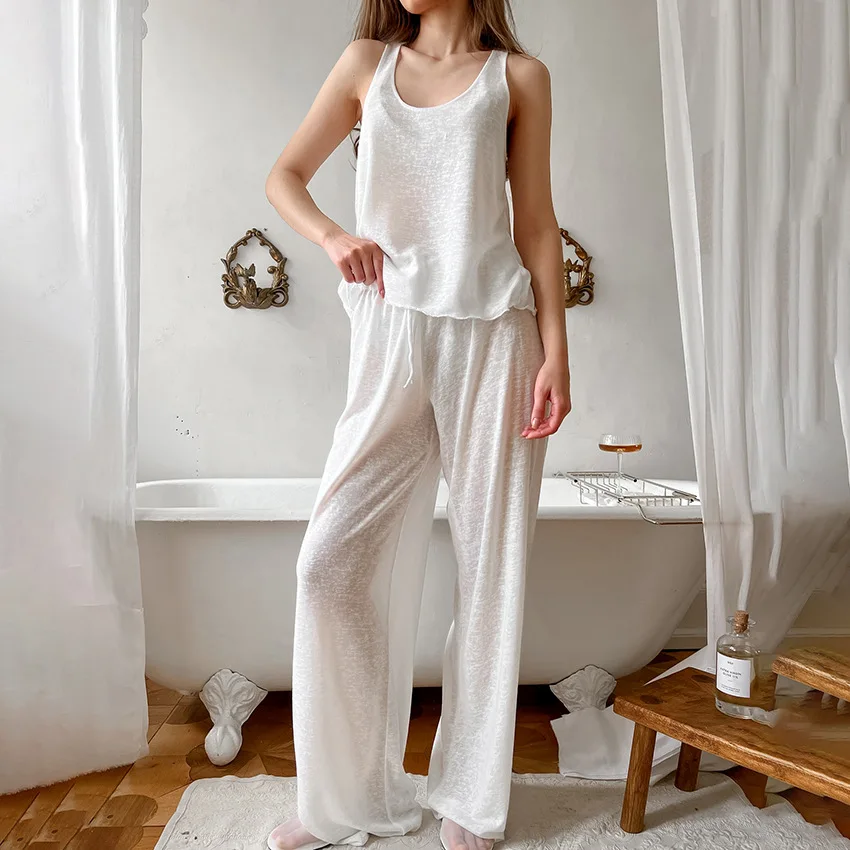 

2026 Summer New Style White Knitted Vest Trousers Two-piece Set Soft Skin-friendly Pajamas Home Wear for Women
