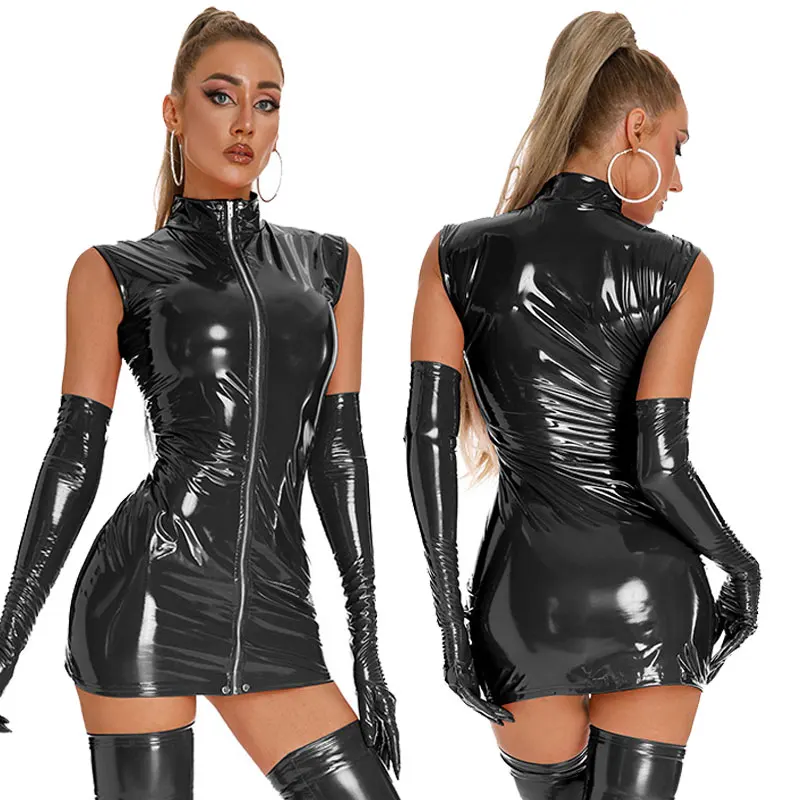 

Women Sexy Glossy PVC Leather Dress Black Red Solid Shiny Bodycon Latex Mini Dress Wetlook Patent Leather Dress
