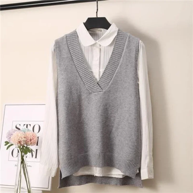 

Grey V-neck Vest Ladies Sweaters Pink Knitted Top for Women Jersey Modern Harajuku Fashion Streetwear Y2k Korea Korean Style