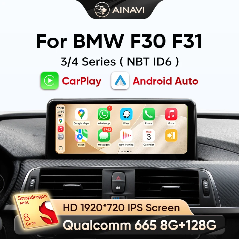 AINAVI Autoradio für BMW 3er F30 Carplay F31 Android Auto F32 Multimedia F33 Bildschirm F34 Navigation F35 GPS F36 Monitor HD IPS Touchscreen Kabelloses Carplay Android 13 Linux-System 2K 2400*900