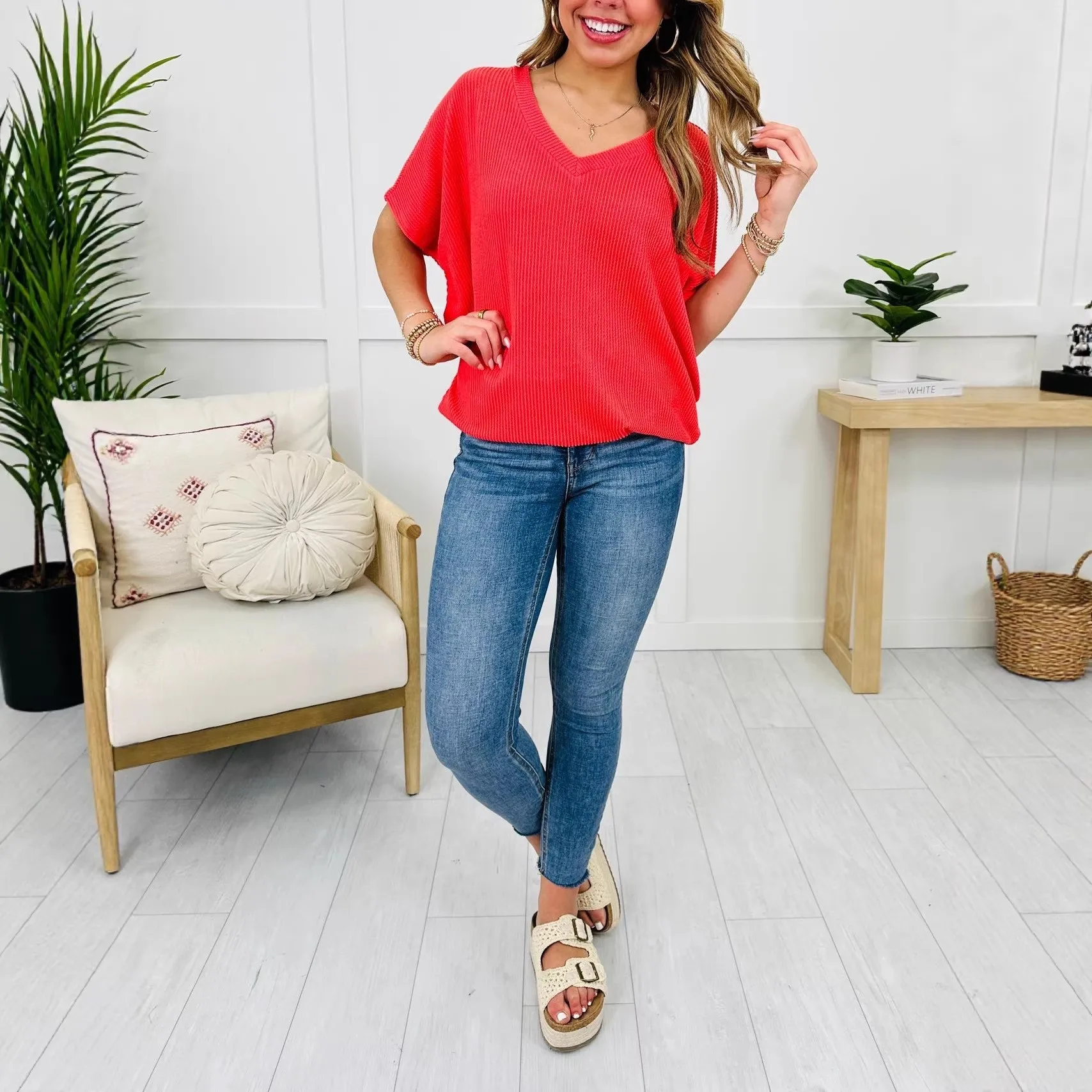 Woman Clothing T Shirt Short Sleeve V Neck Women T Shirts Loose Ribbed Knit Tee Bright Coral Oversized Lavender Purple Top
