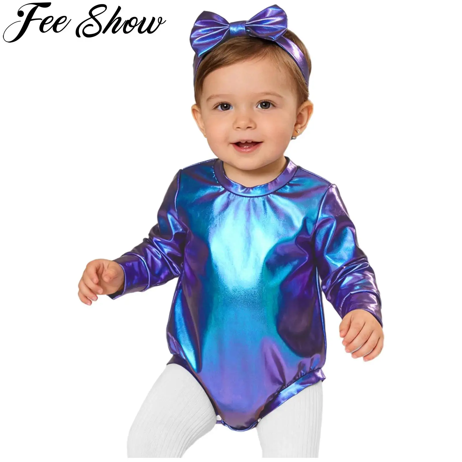 

Baby Girls Boys Clothes Metallic Shiny Rompers Outfits Long Sleeve jumpsuit with Bow Headband for Birthday Party Photography