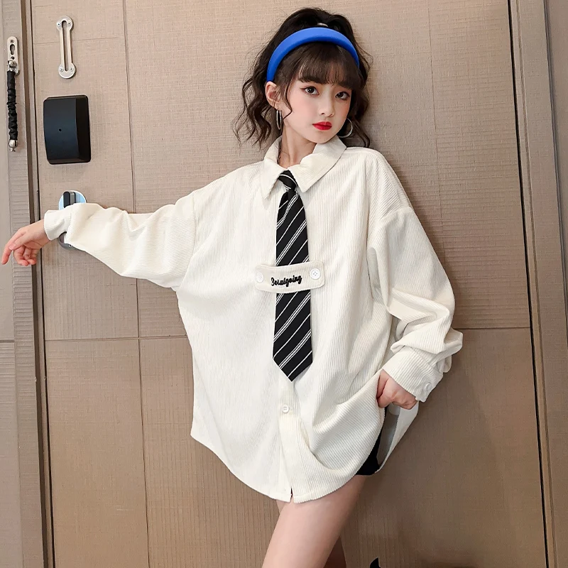 2023 Long Sleeve Shirt Girls White Turn Down Collars Basic Casual Teen Girls Oversize Black Shirts Blouse with Tie Spring Autumn