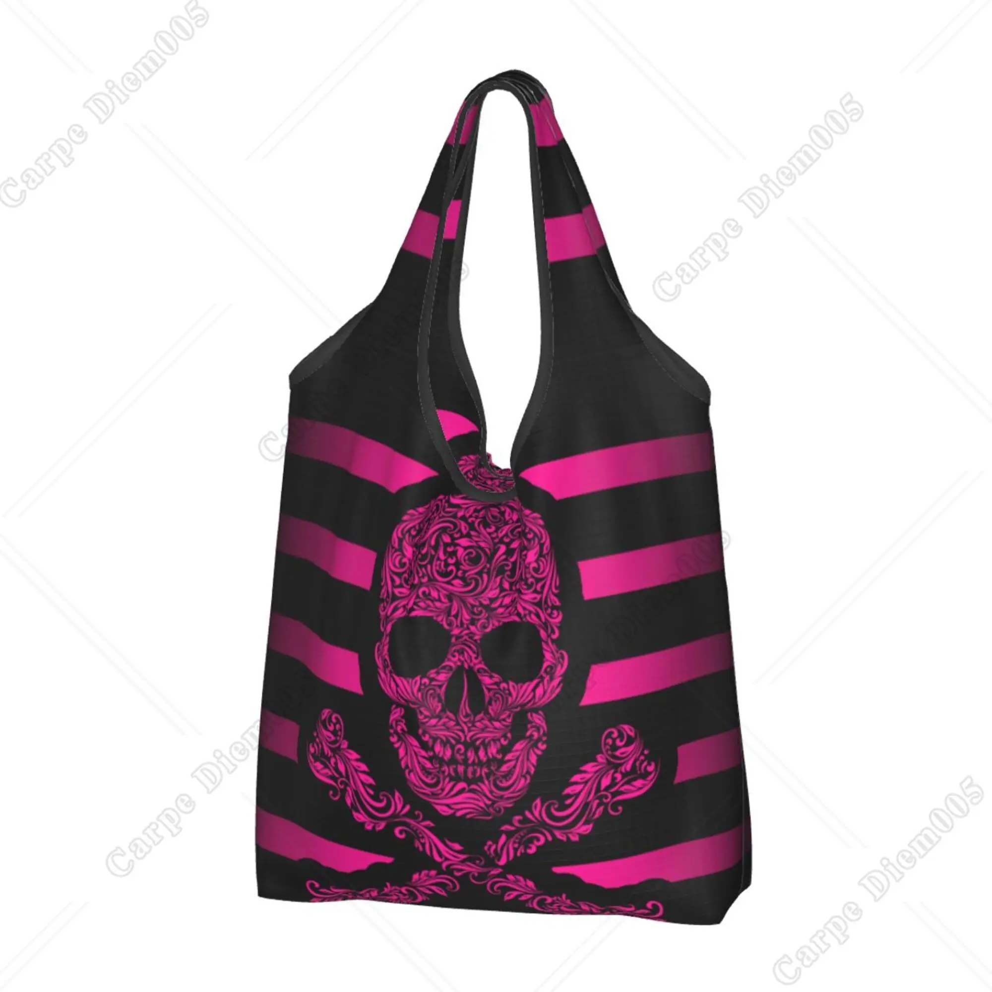 Sugar Skull Pink Stripes Tote Bag Reusable Bag for Men Women Outdoor Shopping Picnic Walking Supermarket Bag Shopper Bags