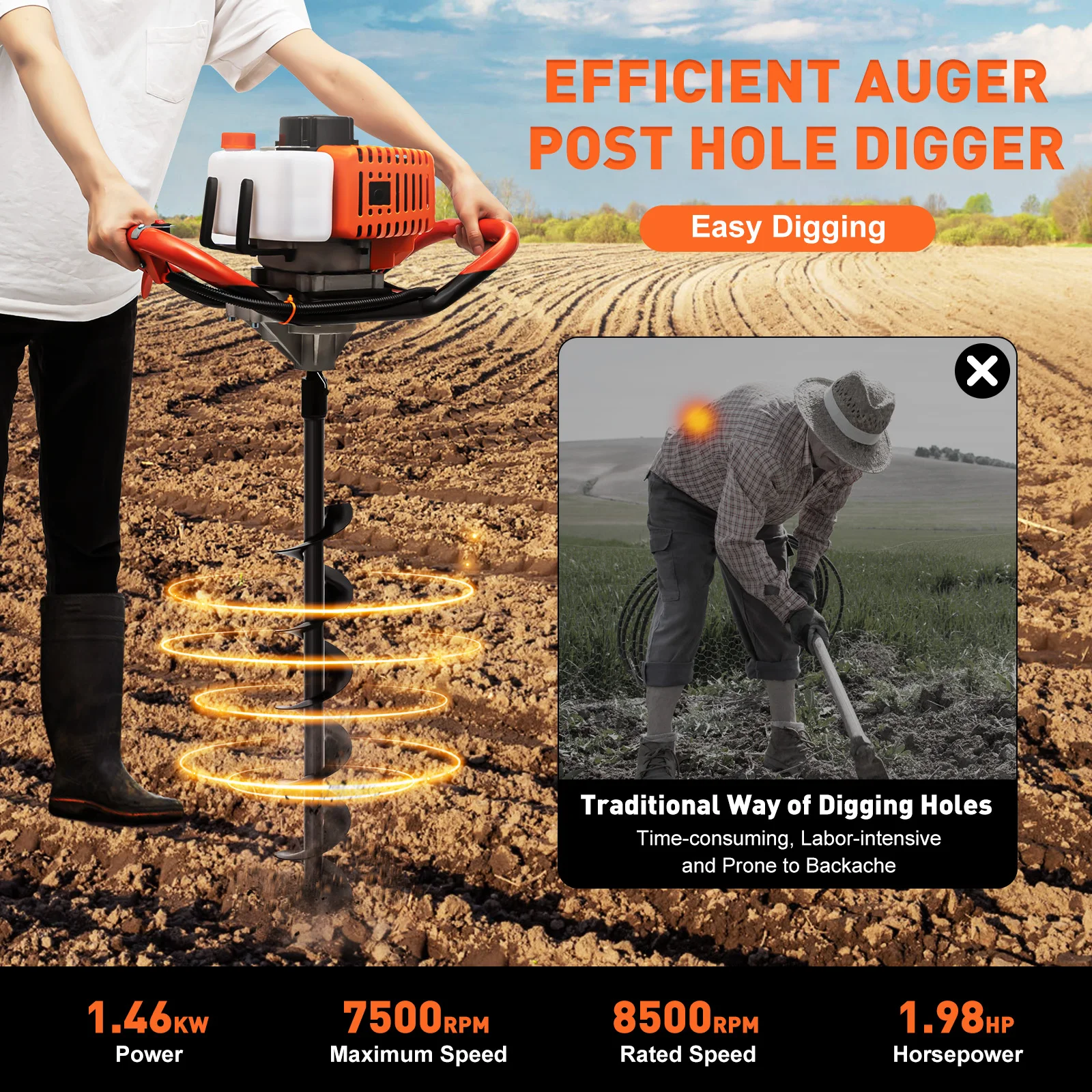 52cc 1.46KW Gasoline Earth Auger Hole Digger 2-Stroke Engine with 3 Drill Bits (10cm/15cm/20cm) for Tree Planting Fence Stakes Gardening Machine