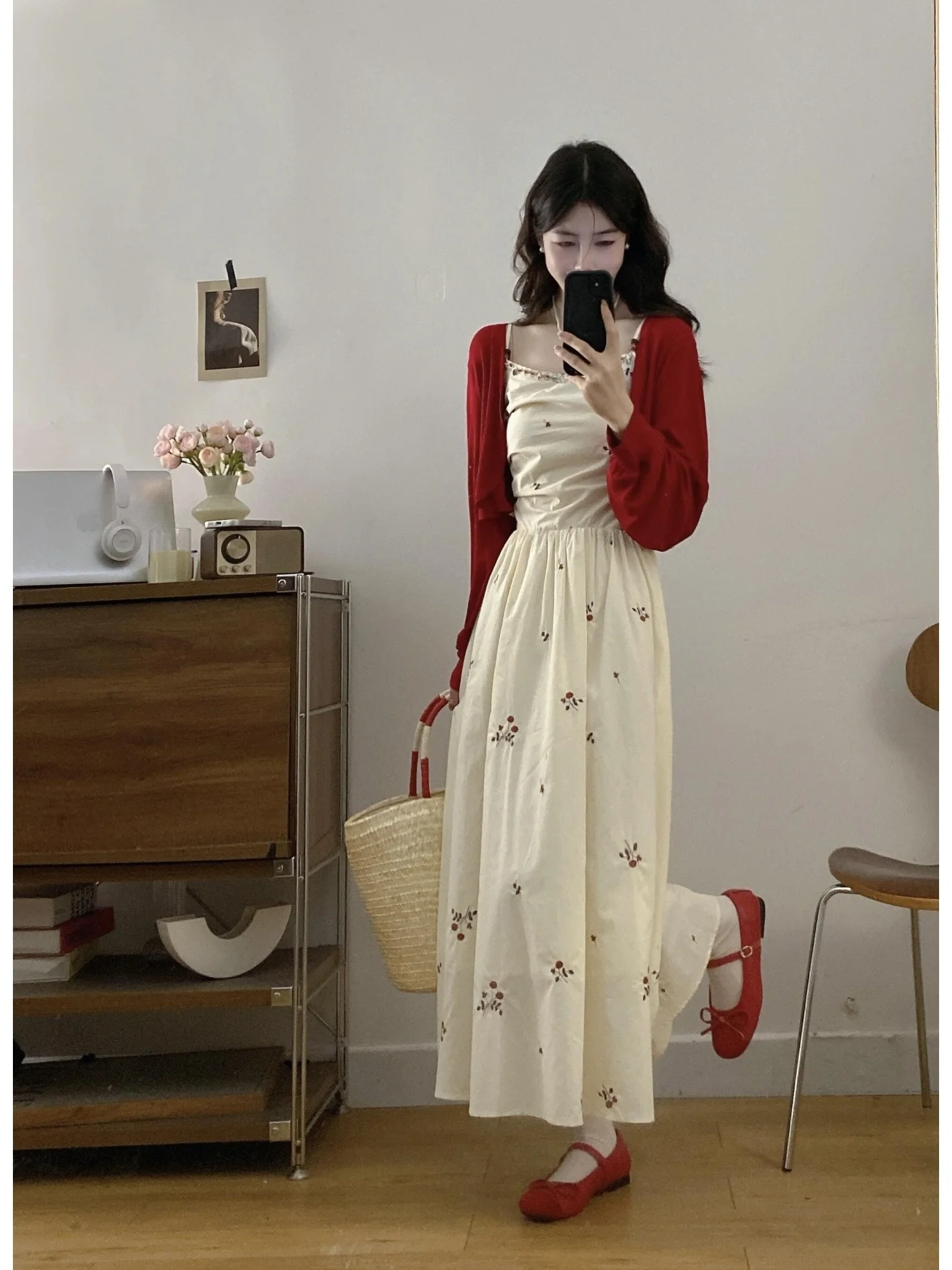 

plus Size Summer Floral Embroidery Dress And Cardigan Set Women's Fashion Korean Style Long Sleeve Mid-Length Midi Skirt