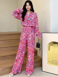 2024 New Spring Autumn Women Gorgeous Floral Pants Suit Long Sleeve Shirt And High Waist Wide Leg Long Pants Two Piece Set