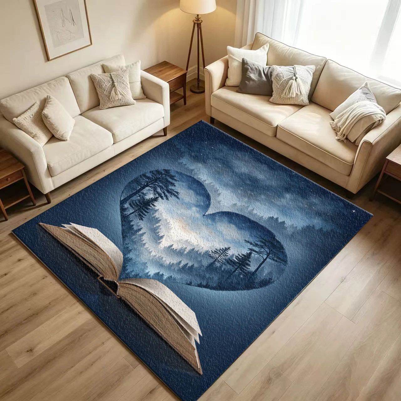 Magical Forest Night Heart Shaped Book Art Carpet Flooring Artistic Floor Mat for Indoor Living Space Home Ornament