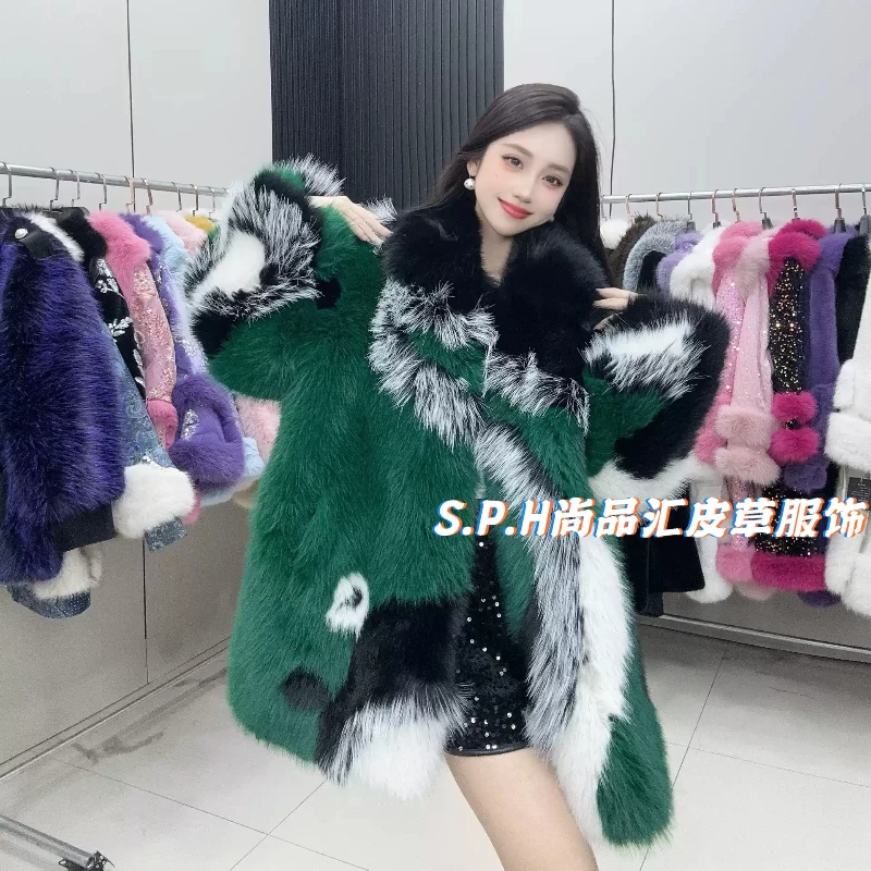 Winter New Lapel Contrasting Color Thickened Coats Female 2024 New Mid Length Fluffy Jacket Women Long Sleeve Faux Fur Coats