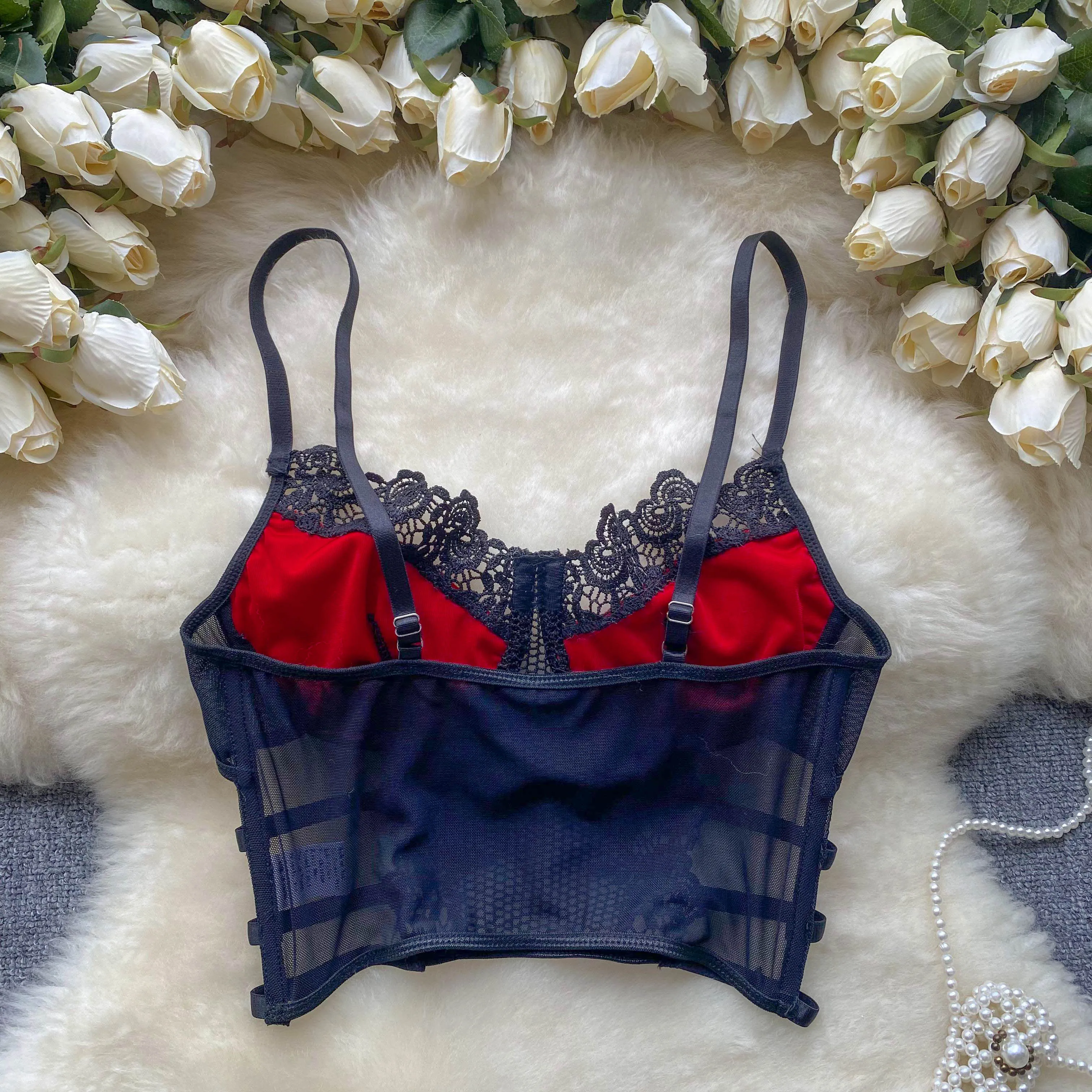 Sexy Style Velvet Spliced Lace Embroidered Hollow up Suspender Strap Top Women's Summer New Spicy Girl Short underwear Bra