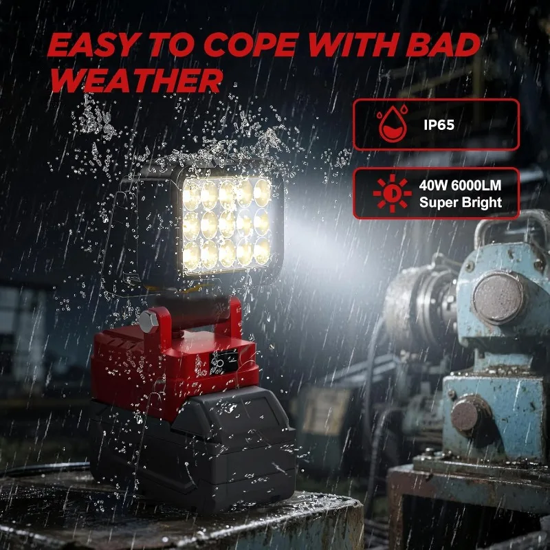 6000 لومن LED ضوء العمل لبطارية ديوالت/ماكيتا/ميلووكي 18 فولت 20 فولت كشاف ضوء لاسلكي مع منافذ USB مزدوجة مصباح يدوي خارجي